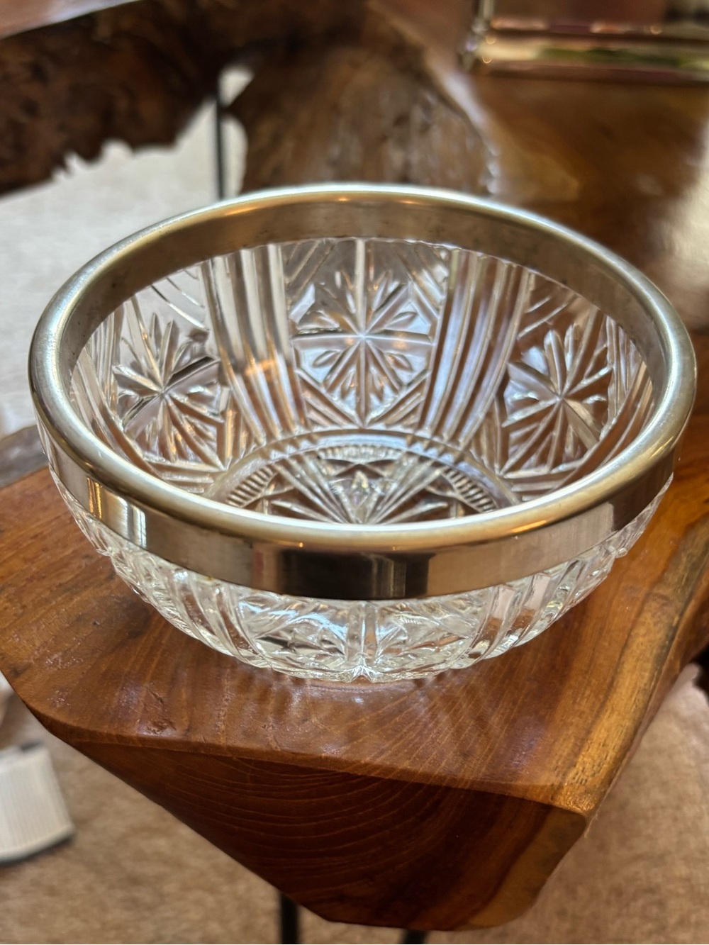 Vintage Heavy Cut Glass Wine Coaster / Bowl with Silverplate Banded Trim